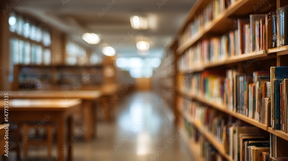 Poster utilize an abstract, blurred depiction of an empty college library interior with a defocused effect,