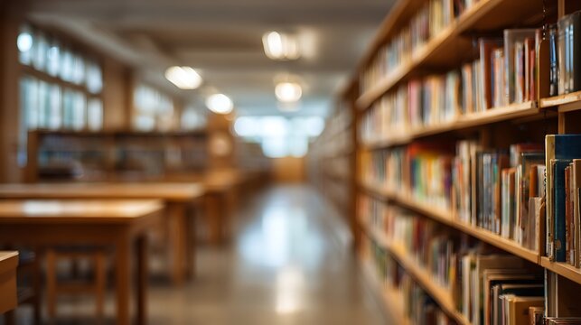 Utilize an abstract, blurred depiction of an empty college library interior with a defocused effect, featuring bookshelves in a blurry classroom