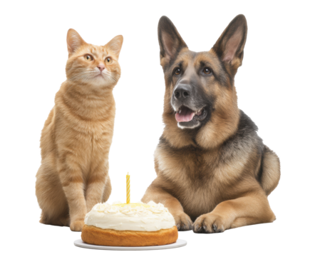 Cats and dogs celebrate birthday together with cake and candle on a transparent background, cut out
