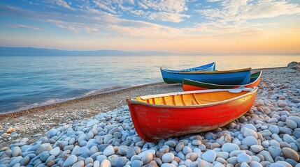 Naklejka premium Colorful boats on pebble beach, Mediterranean coast at dawn. Serene coastal harmony in morning light.