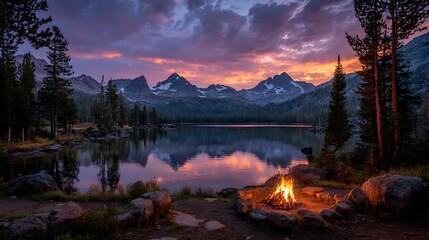 Twilight campfire at high snow capped mountains in most beautiful multi colored sky in mountain lake landscape