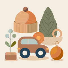 Abstract Autumnal Composition with Car Plant and Hat