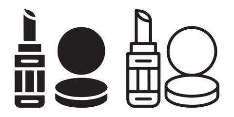 Face Powder And Lipstick Icon Set. Women Beauty Tools Illustration. Women's Makeup.
