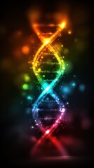 Vibrant Rainbow DNA Helix Abstract Background Glowing with Light Particles