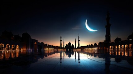 Fototapeta premium Serene Night View of Crescent Moon Over Mosque with Reflection in Tranquil Water