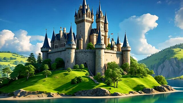 Medieval Castle on Lush Hilltop in Sunny Countryside