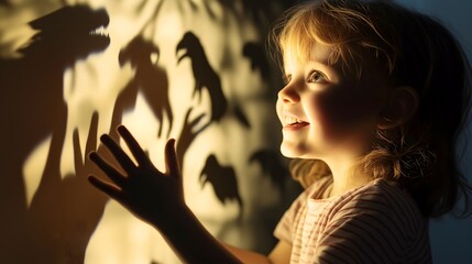 Naklejka premium Child explores shadows with curiosity while creating playful projections in a cozy indoor setting during the evening