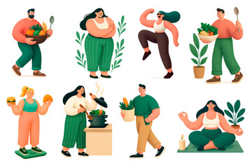 Eight cartoon characters engaged in food-related activities like cooking, shopping, and eating healthy meals. Generated AI.