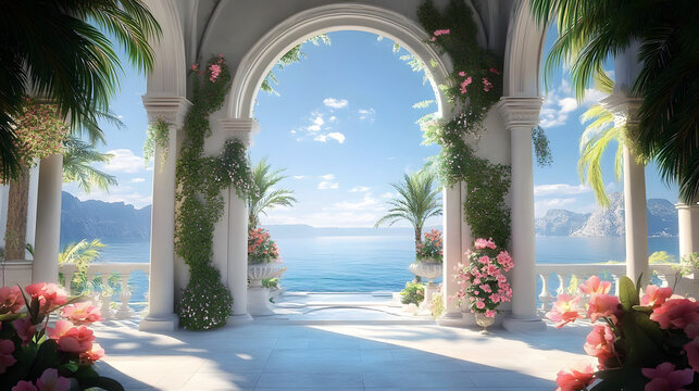nterior Design of a Huge Mansion with the Style of a Monaster, Some Vegetation and Flowers in the Archway near the Sea.