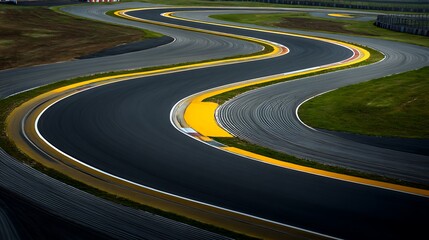 The motor sport asphalt race track takes a turn, devoid of any cars, yet preserving the thrilling essence of speed and competition in its winding path