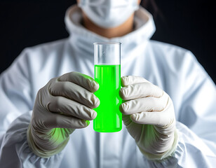 Lab technician holds a test tube with bright green liquid, showcasing precision and innovation. Ideal for scientific research, advertising, and educational content