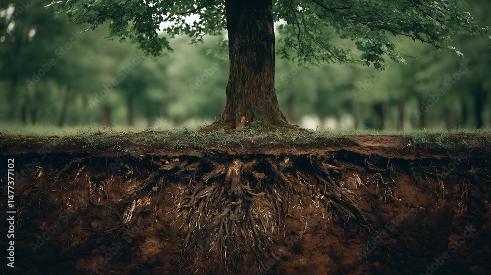 Poster The image captures a tree with its roots firmly grounded in the soil, showcasing the depth and strength of its foundation