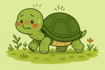 Obraz premium A cartoon turtle with an embarrassed smile, blushing as an invisible bird lands on its shell on a light green background
