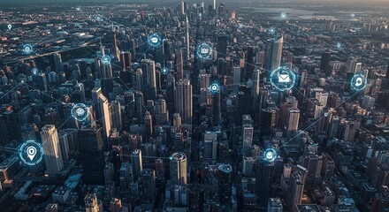 Connected city network illustration with modern skyline and communication icons