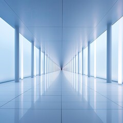 Obraz premium A long, bright, modern corridor. Light blue walls, columns, and floor