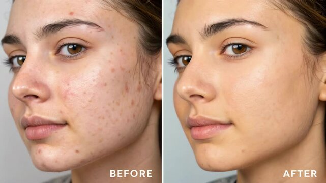 A side-by-side comparison of a woman's face shows acne-prone skin before and clear, smooth skin after treatment.