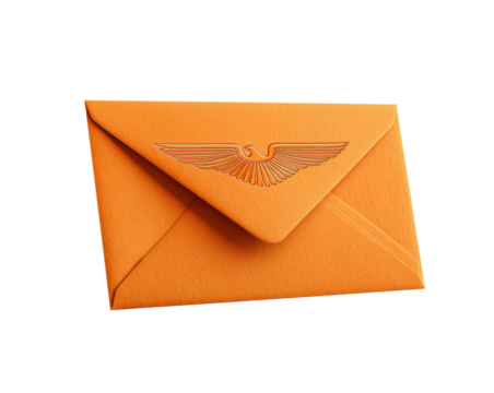 Orange winged envelope for invitations or correspondence on a transparent background, cut out