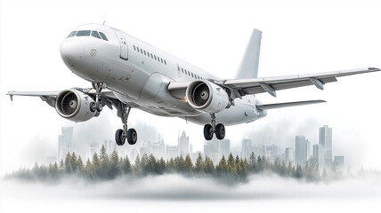 Fototapeta premium Commercial airplane taking off with city skyline in the background 