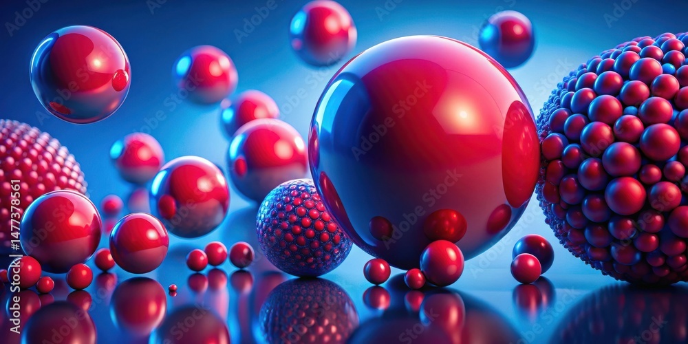 Wall mural abstract red and blue spheres in dynamic composition reflecting light and shadow on a smooth surface