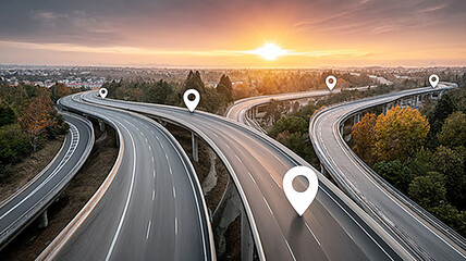 Obraz premium Modern highway network with GPS navigation markers and sunset skyline 