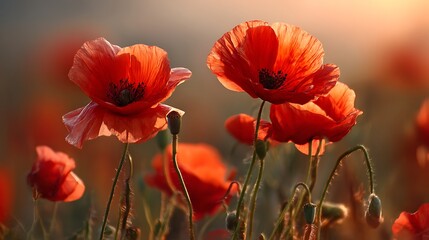 Fototapeta premium The amazing nature of red poppies under sunlight at sunset of a summer day a natural view of a blossoming flower as a background, creative banner, copyspace image