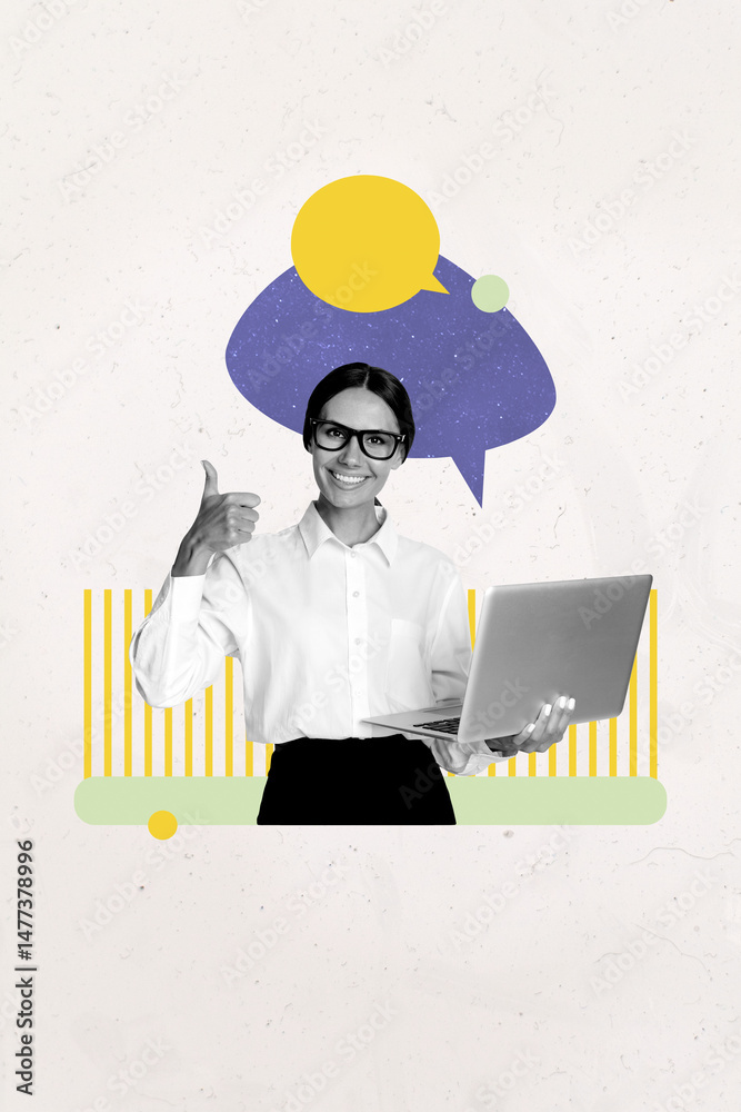 Poster pop banner trendy vertical photo collage of happy girl guy hold laptop type message communication ic