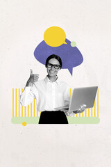 Pop banner trendy vertical photo collage of happy girl guy hold laptop type message communication...