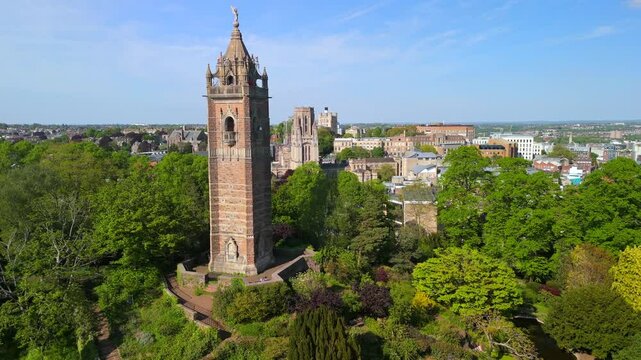 Aerial video of Bristol Cityscape featuring Barndon Hill and Cabot Tower. 