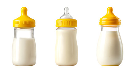 Set of baby bottle filled with milk and a yellow cap isolated on transparent background, in PNG format, cut out