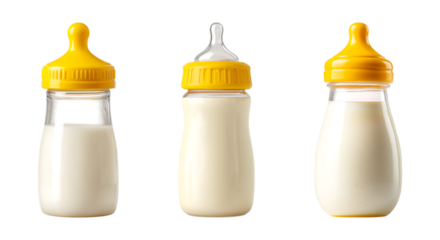 Set of baby bottle filled with milk and a yellow cap isolated on transparent background, in PNG format, cut out