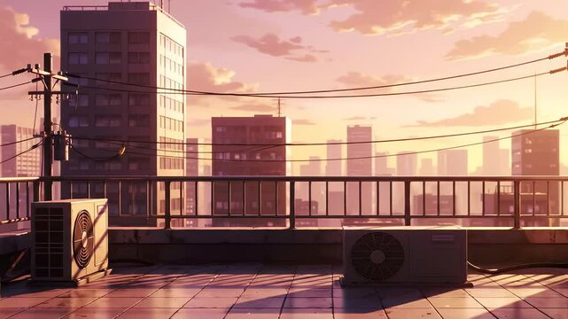 Animated scene of a rooftop at sunset overlooking a city skyline. 4k quality video. Perfect for background animation, or urban themes
