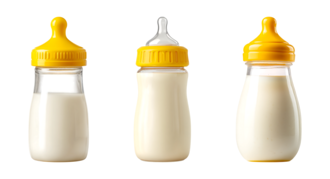 Set of baby bottle filled with milk and a yellow cap isolated on transparent background, in PNG format, cut out - Powered by Adobe