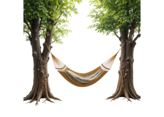 Hammock tied between two large trees isolated on transparent background. Concept of relaxation, leisure, summer.