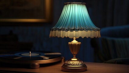 Teal-shaded lamp sits on a wooden table beside a record player in a dimly lit room.  Warm, vintage lighting