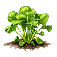Vibrant green spinach plant with broad leaves, depicted in watercolor style against a dark brown soil background. The illustration features lush foliage and emphasizes the plant's healthy appearance.