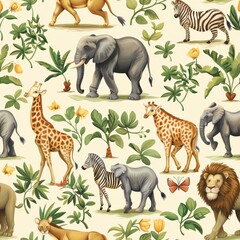 Obraz premium seamless pattern of realistic African animal portraits, lion, giraffe, zebra, elephant, hand-painted style