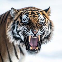 Obraz premium Close-up portrait of a snarling tiger showing its teeth in a threatening display of aggression against a white background
