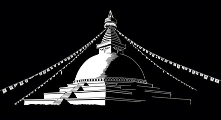 Stupa with Flags Illustration Black White
