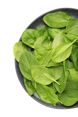 Spinach leaves in dark plate isolated on white background.