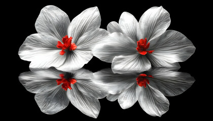 Elegant grayscale hibiscus flowers with vibrant red centers, reflected in still water, creating a striking contrast against a black background.  Perfect for design, decoration, or meditation themes.