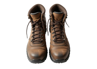 Pair of brown leather hiking boots with laces, isolated on transparent background, hiking, work, fashion