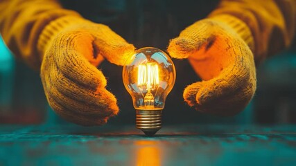 A glowing incandescent light bulb is held gently by two gloved hands, symbolizing creativity and care for ideas. - Powered by Adobe