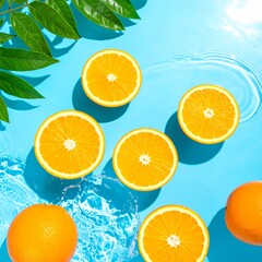 Obraz premium This image showcases fresh oranges—both whole and halved—floating and splashing