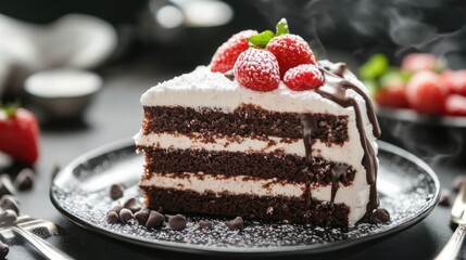 A slice of chocolate cake with white frosting and chocolate shavings on a white plate.