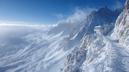 Fototapeta premium Snowy Peaks High Altitude Landscape with Observation Deck