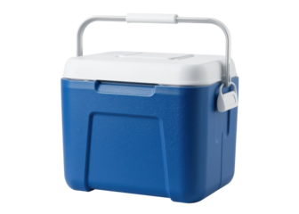 Blue and white plastic cooler box with metal handle, isolated on transparent background. Picnic, travel, camping.