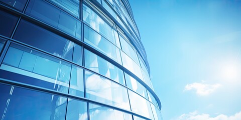 Modern glass facade of a curved skyscraper against a clear blue sky