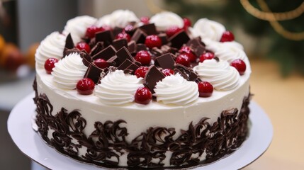 A slice of chocolate cake with white frosting and chocolate shavings on a white plate.
