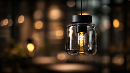 Modern glass pendant lamp with lovesome edison bulb light fixture, home, room, and cafe interior decoration style with clear metal.