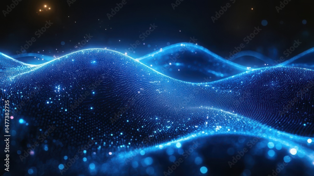 Poster Quantum Computing Waves - Vibrant particle waves and digital threads in electric blue, symbolizing AI processing.
